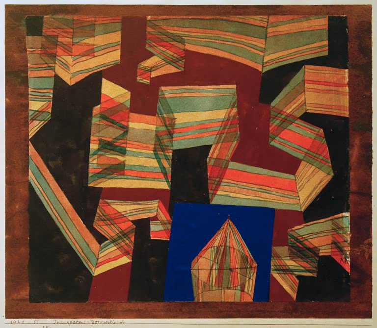 Kunstdruck des Gemäldes Transparentperspectivisch von Paul Klee, handgefertigt in Deutschland als hochwertiger Kunstdruck.