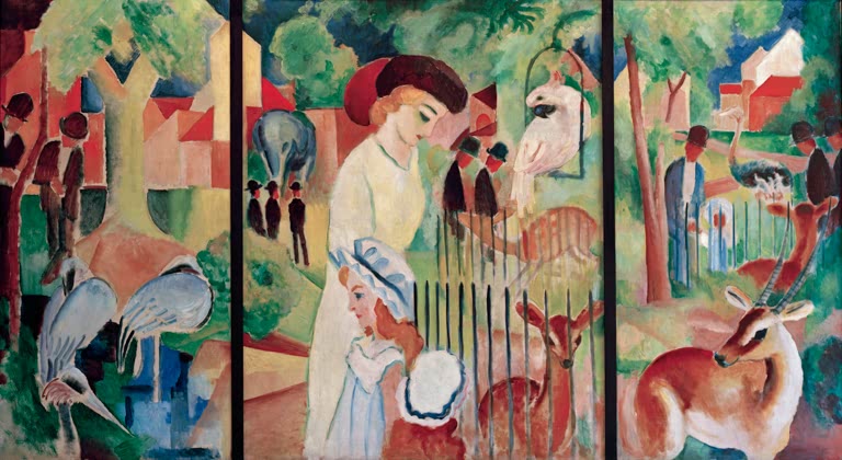 Kunstdruck des Gemäldes „Triptychon: Großer Zoologischer Garten“ von August Macke. Hochwertig in Deutschland von Hand gefertigt, erhältlich als Poster oder Leinwand und optional gerahmt.