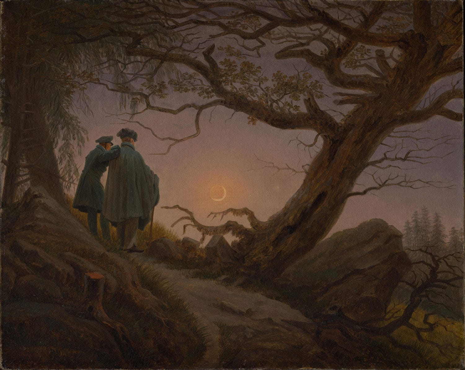 „Zwei Männer betrachten den Mond“ von Caspar David Friedrich zeigt zwei Männer, die in einer ruhigen, mondbeleuchteten Landschaft in tiefem Nachdenken versunken sind. Das Gemälde fängt die romantische Verbindung zwischen Mensch und Natur ein, mit dramatischen Lichtern und einer majestätischen, weiten Landschaft.