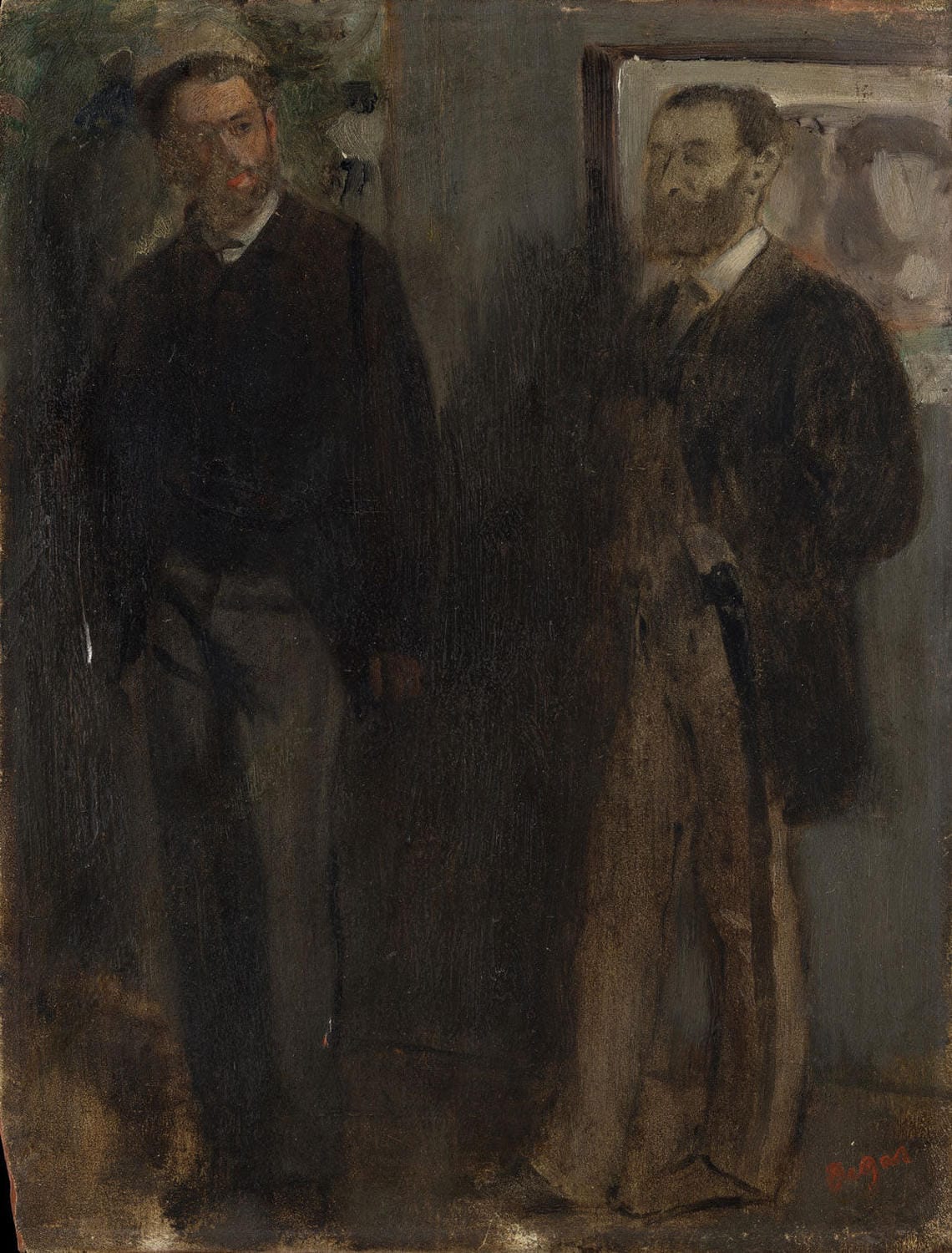 Impressionistisches Gemälde von Edgar Degas: Zwei Männer in einem informellen Gespräch, möglicherweise in einem Künstleratelier, dargestellt in subtilen Farbtönen und feinen Pinselstrichen.