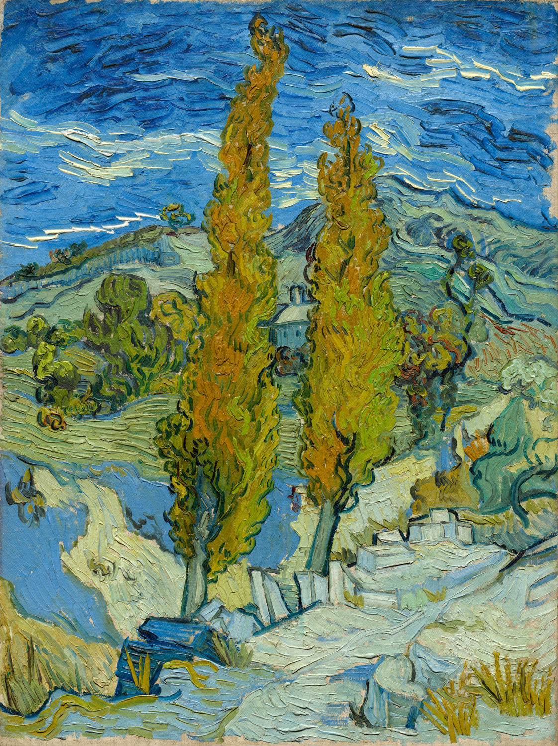 Vincent van Goghs „Die Pappeln in Saint-Rémy“ zeigt eine herbstliche Landschaft mit kräftig geschwungenen Pappeln, die sich gegen einen dunkler werdenden Himmel lehnen.