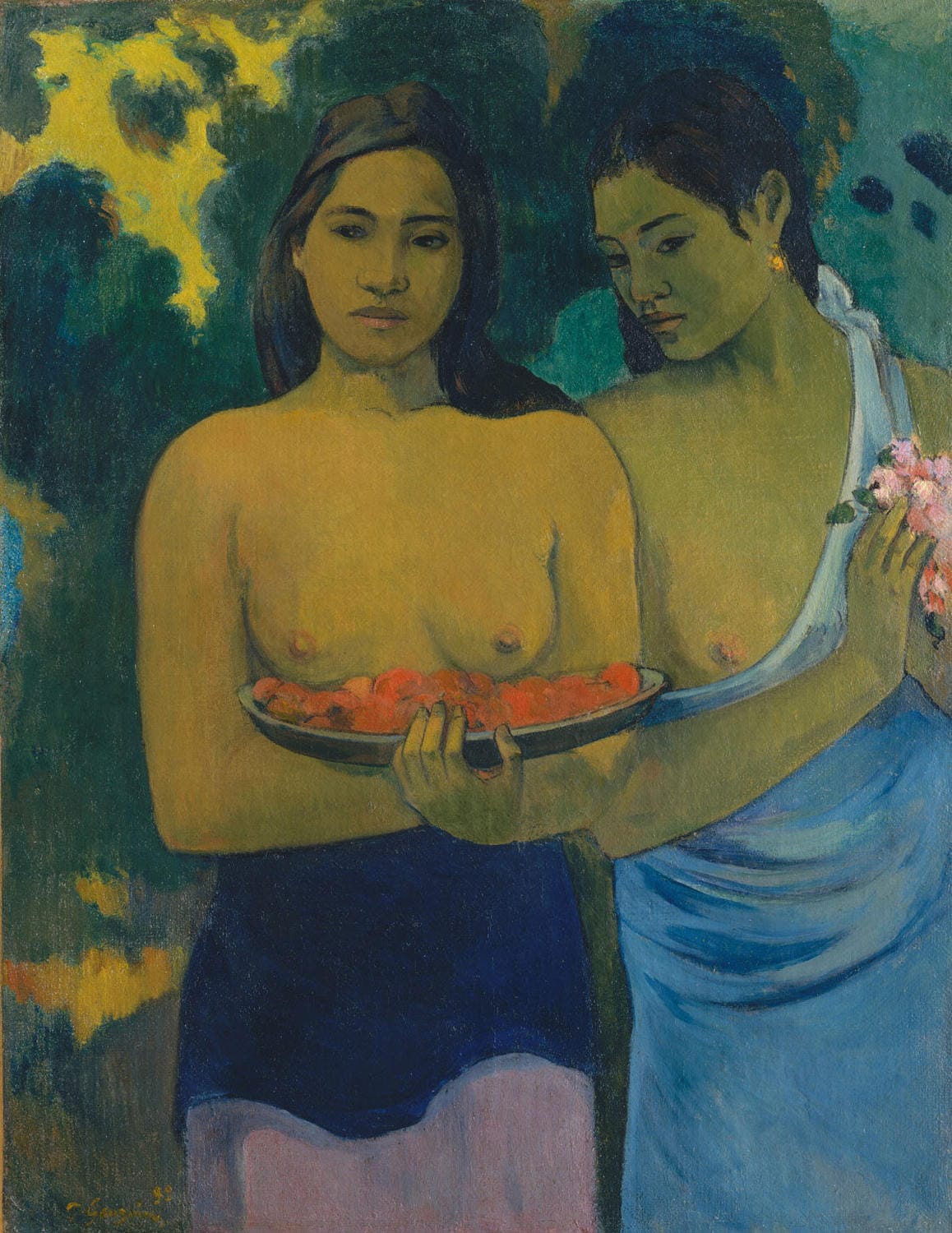 „Zwei tahitianische Frauen“ von Paul Gauguin zeigt zwei polynesische Frauen in traditioneller Kleidung, umgeben von einer tropischen Landschaft. Mit kräftigen Farben und einer harmonischen Komposition fängt das Gemälde die exotische Schönheit und Ruhe der tahitianischen Kultur ein.