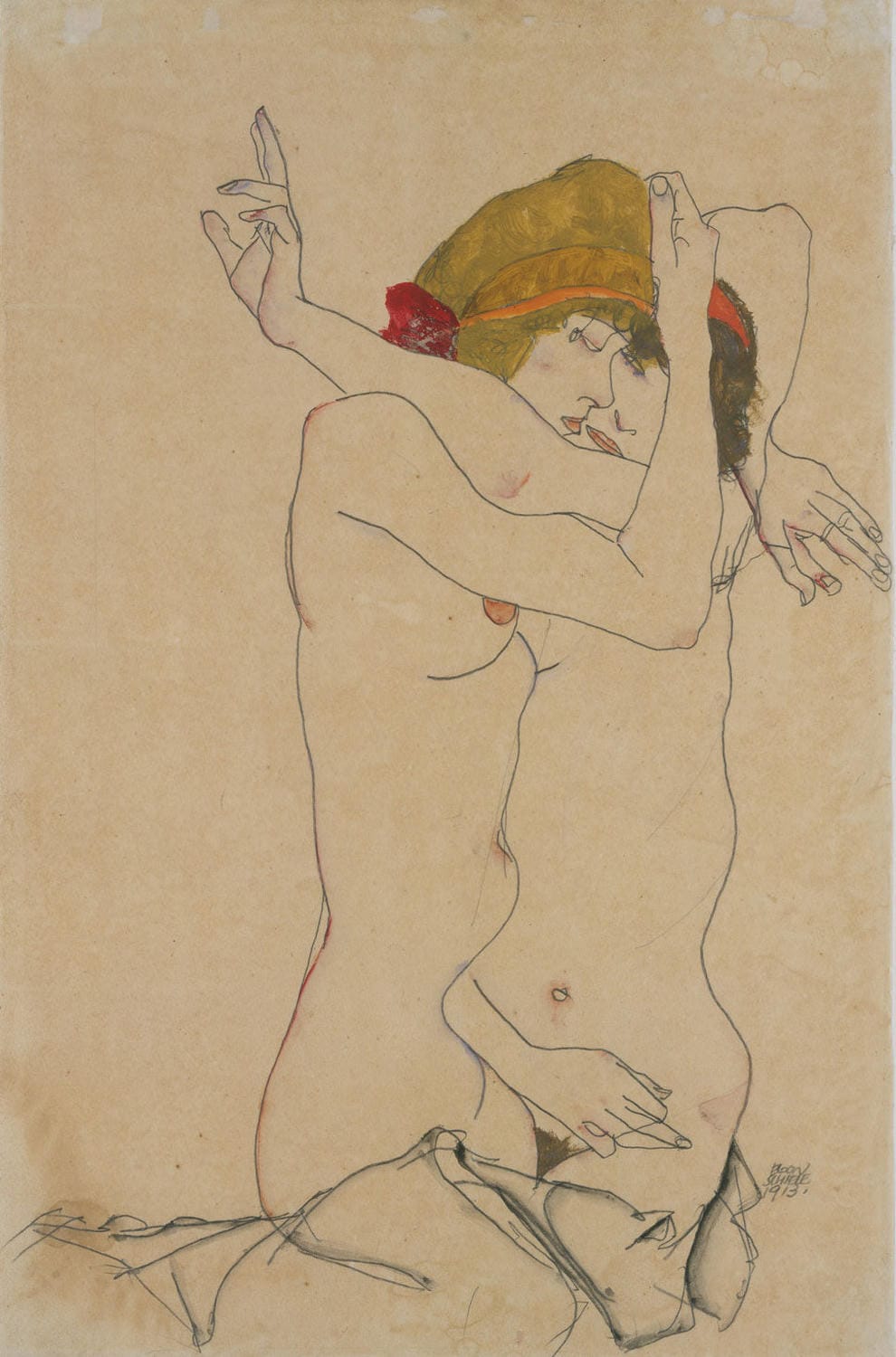 Expressionistisches Gemälde von Egon Schiele: Zwei Frauen in inniger Umarmung, dargestellt in dynamischen Linien und warmen Farbtönen im Hochformat.