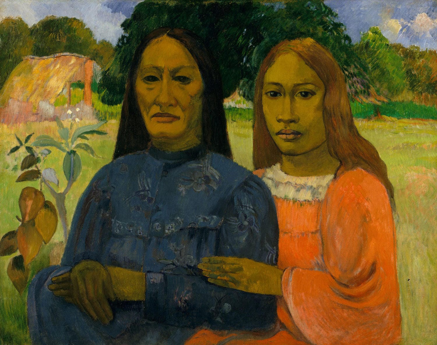 „Zwei Frauen“ von Paul Gauguin zeigt zwei polynesische Frauen in traditioneller Kleidung, die in einer tropischen Landschaft miteinander verbunden sind. Mit kräftigen Farben und einer ruhigen Komposition fängt das Gemälde die Harmonie und Schönheit der polynesischen Kultur in einem meditativen Moment ein.