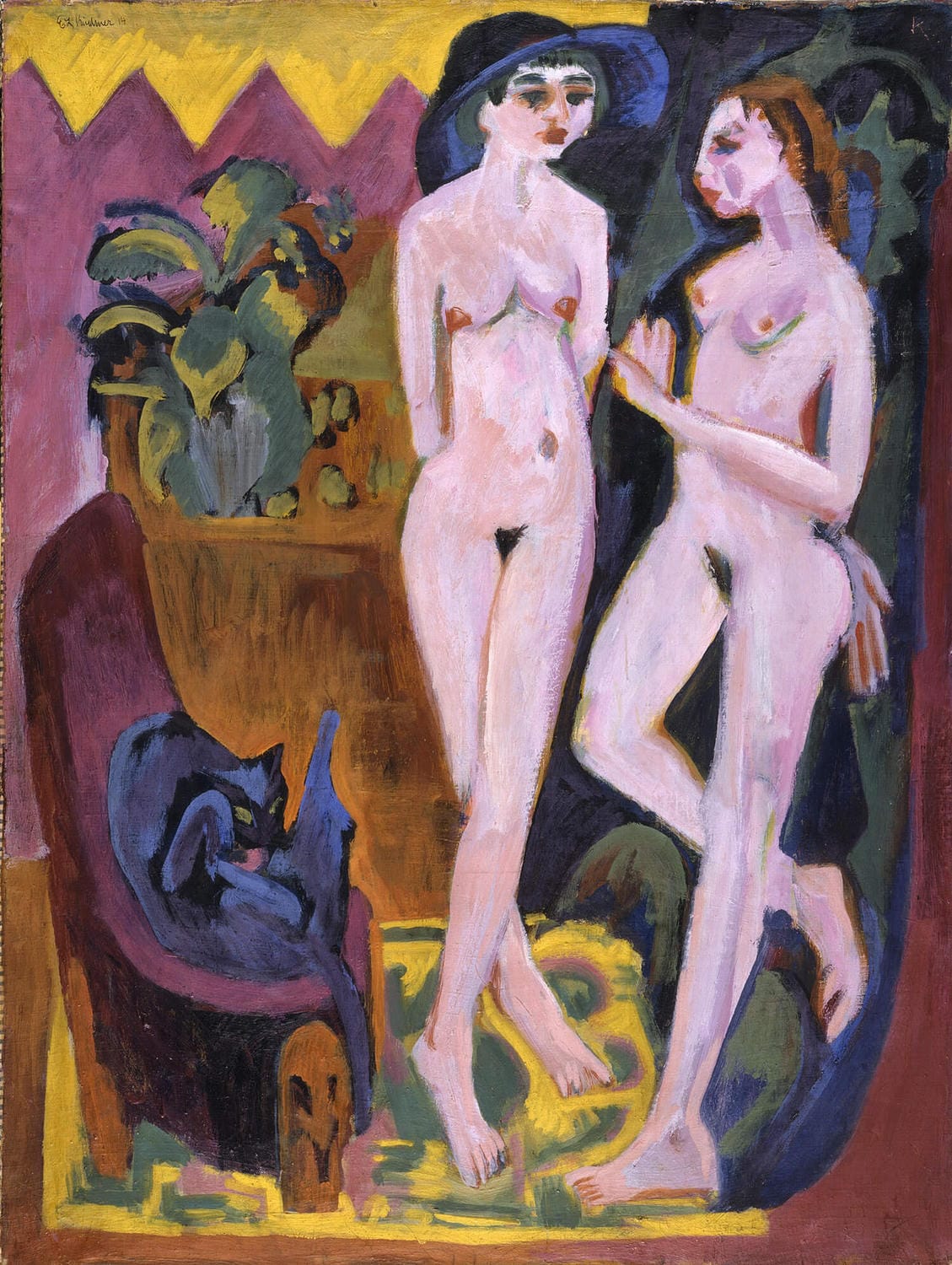Zwei Akte im Zimmer von Ernst Ludwig Kirchner, expressionistisches Gemälde mit intensiver Darstellung von Intimität und emotionaler Verbundenheit.