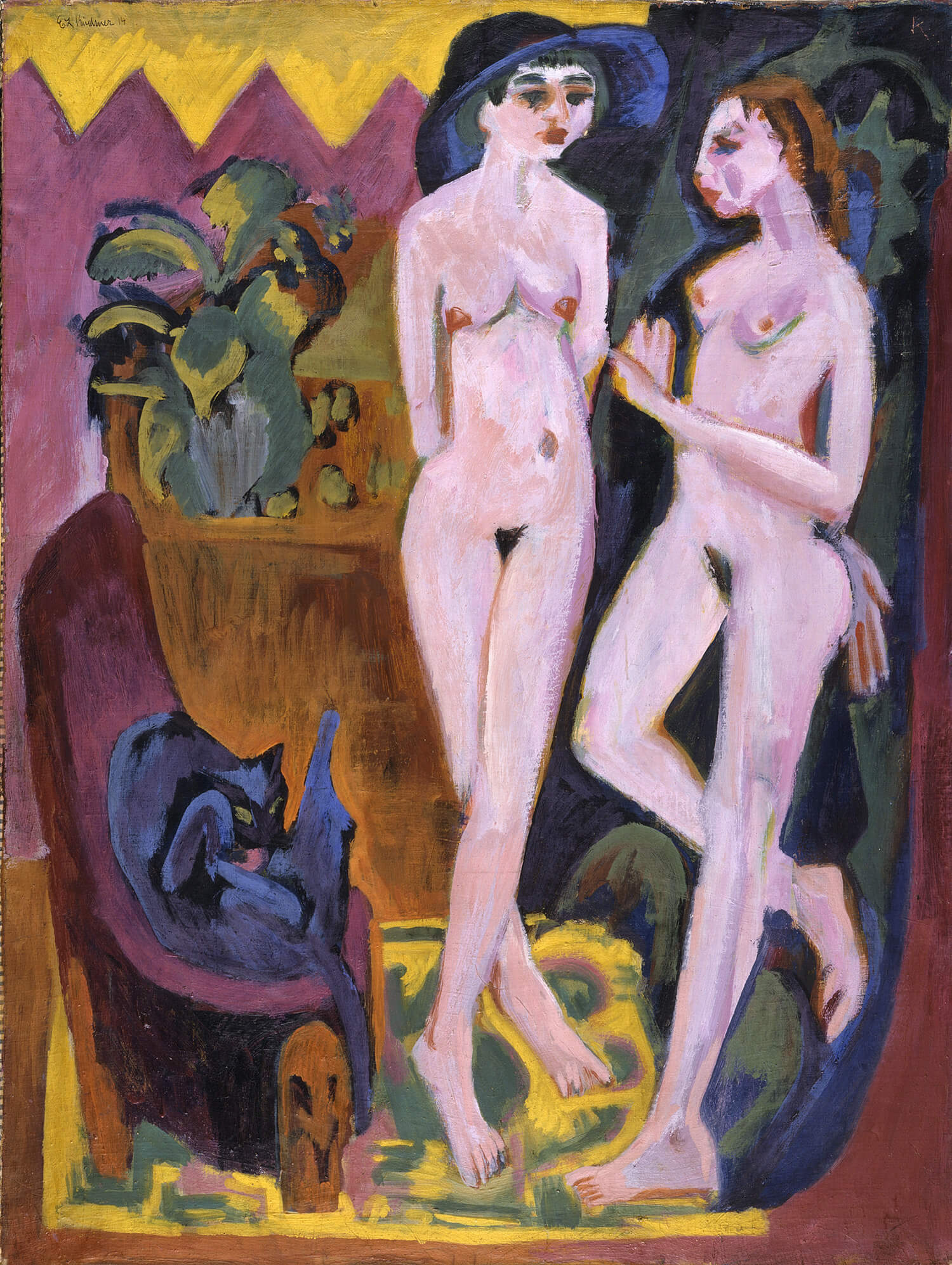 Zwei Akte im Zimmer von Ernst Ludwig Kirchner, expressionistisches Gemälde mit intensiver Darstellung von Intimität und emotionaler Verbundenheit.