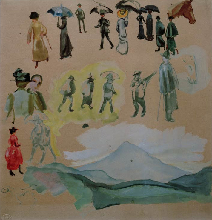 Kunstdruck des Gemäldes „Typen aus Tegernsee II“ von August Macke. Hochwertig in Deutschland von Hand gefertigt, erhältlich als Poster oder Leinwand und optional gerahmt.