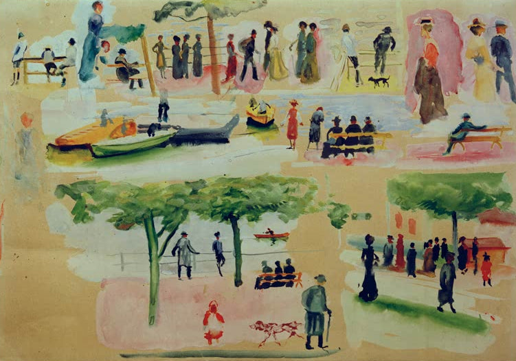 Kunstdruck des Gemäldes „Typen aus Tegernsee I“ von August Macke. Hochwertig in Deutschland von Hand gefertigt, erhältlich als Poster oder Leinwand und optional gerahmt.