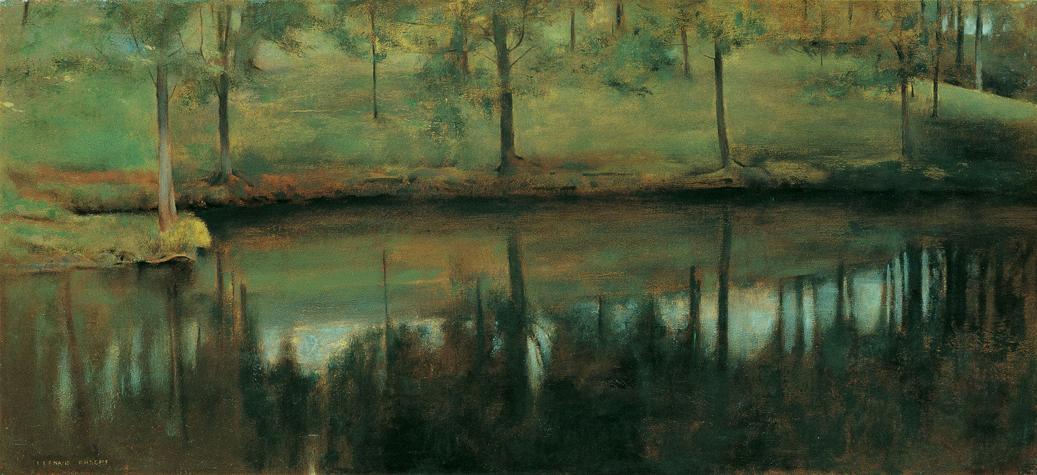 Unbewegtes Wasser von Ferdinand Khnopff, symbolistisches Gemälde mit ruhiger Gewässerdarstellung und meditativer Atmosphäre.