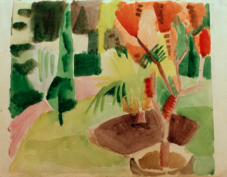 Kunstdruck des Gemäldes „Unser Garten am See 2“ von August Macke. Hochwertig in Deutschland von Hand gefertigt, erhältlich als Leinwand oder Poster und optional gerahmt.