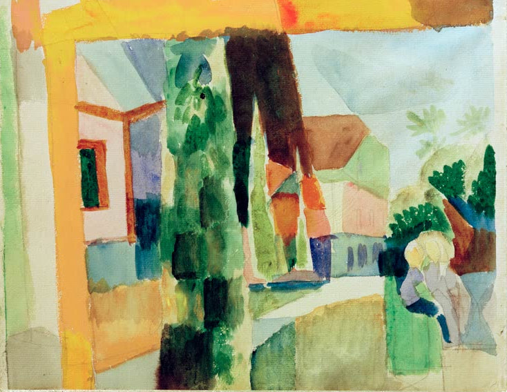 Kunstdruck des Gemäldes „Unser Garten am See 4“ von August Macke. Hochwertig in Deutschland von Hand gefertigt, erhältlich als Poster oder Leinwand und optional gerahmt.