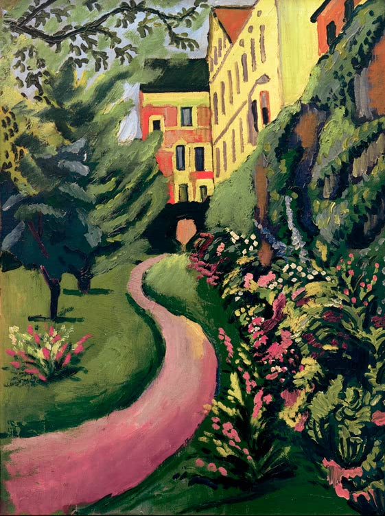 Kunstdruck des Gemäldes „Unser Garten mit blühenden Rabatten“ von August Macke. Hochwertig in Deutschland von Hand gefertigt, erhältlich als Leinwand oder Poster und optional gerahmt.