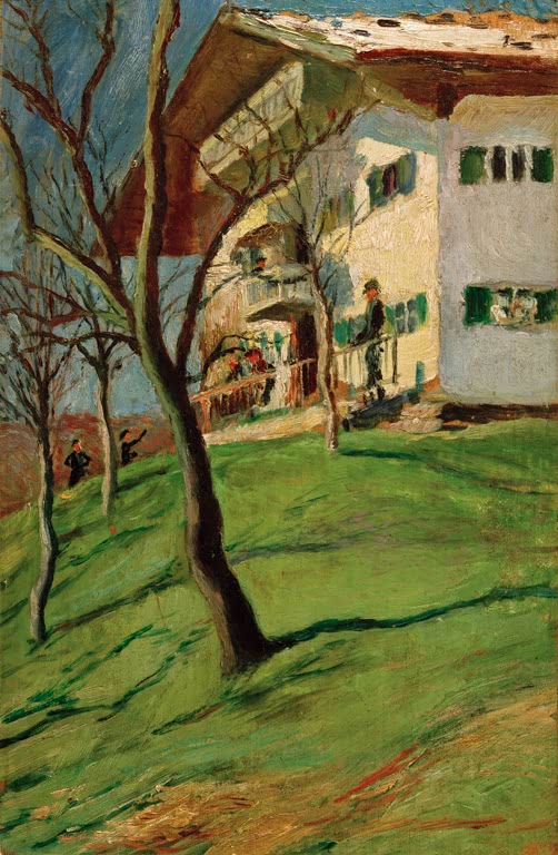 Kunstdruck des Gemäldes „Unser Häuschen in Tegernsee“ von August Macke. Hochwertig in Deutschland von Hand gefertigt, erhältlich als Poster oder Leinwand und optional gerahmt.
