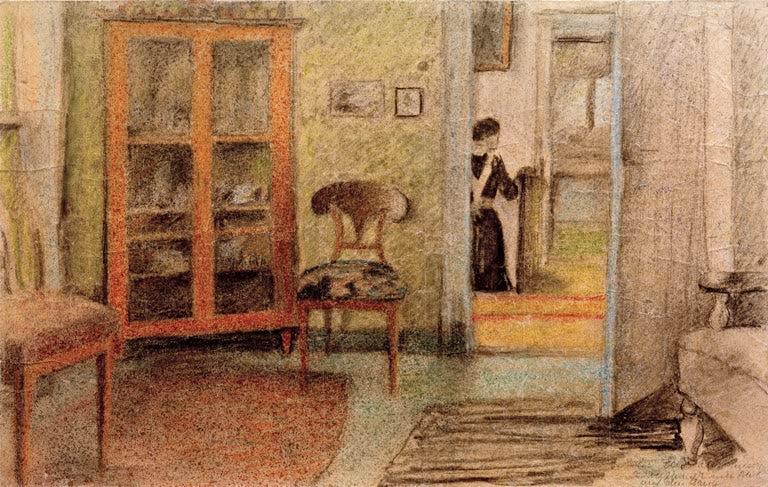 Kunstdruck des Gemäldes „Unser Wohnzimmer mit Blick auf den Gang“ von August Macke. Hochwertig in Deutschland von Hand gefertigt, erhältlich als Poster oder Leinwand und optional gerahmt.