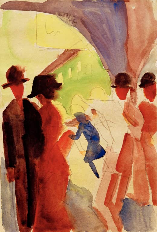 Kunstdruck des Gemäldes „Unter den Lauben in Thun I“ von August Macke. Hochwertig in Deutschland von Hand gefertigt, erhältlich als Leinwand oder Poster und optional gerahmt.