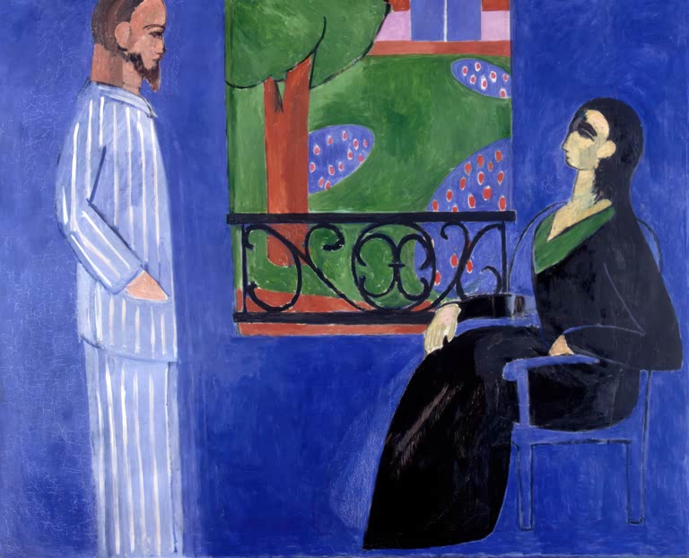 Kunstdruck des Gemäldes „Unterhaltung“ von Henri Matisse – hochwertiger Kunstdruck, erhältlich als Poster oder auf Leinwand.