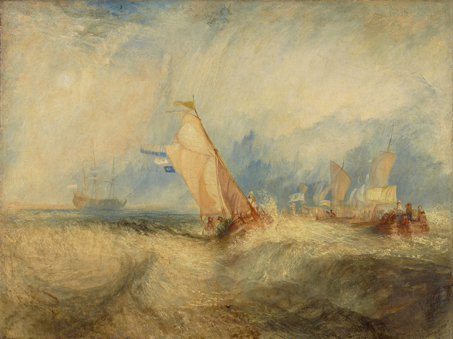 Das Gemälde "Van Tromp geht um seine Herren zu erfreuen – Schiffe auf See bekommen eine gute Nässe" von William Turner zeigt eine dramatische Seeszene, in der Schiffe von aufbrausenden Wellen umgeben sind. Der stürmische Himmel und die dynamische Bewegung des Wassers verstärken die wilde Atmosphäre des Meeres.
