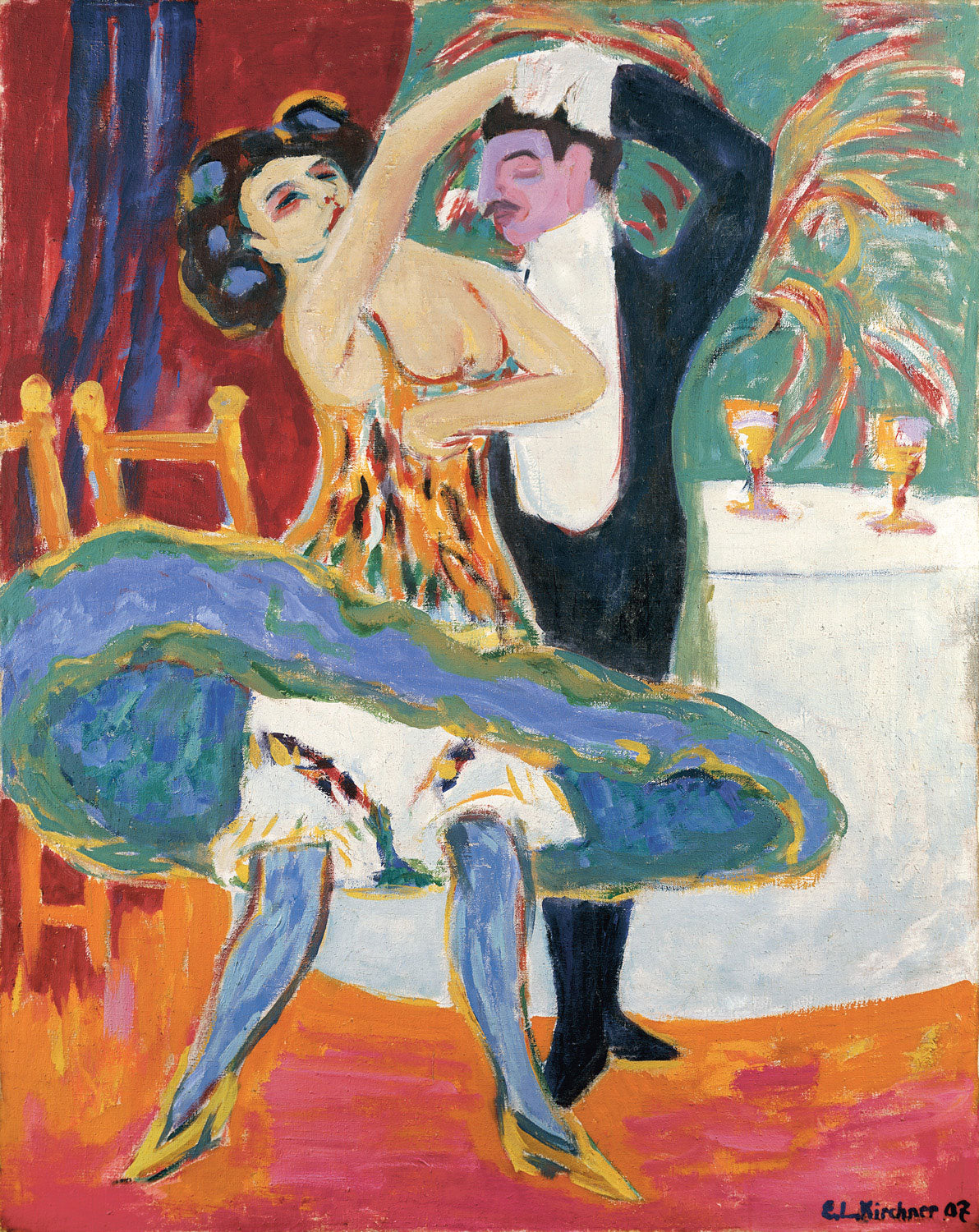 Kunstdruck des expressionistischen Gemäldes Varieté von Ernst Ludwig Kirchner. Die Szene zeigt eine lebendige Varieté-Aufführung mit Tänzerinnen in leuchtenden Farben, dynamischen Linien und einer expressiven Darstellung der Großstadtkultur.