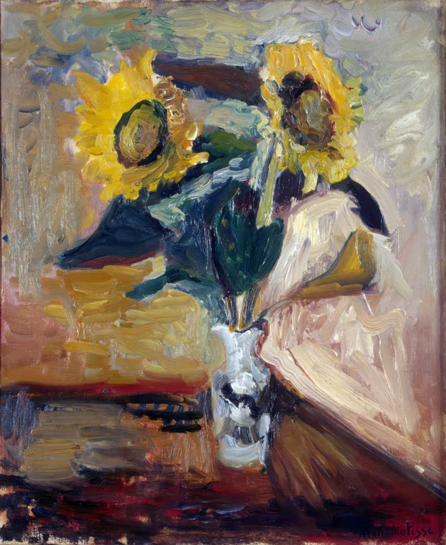 Kunstdruck des Gemäldes „Vase mit Sonnenblumen“ von Henri Matisse, erhältlich als Poster oder Leinwand, auf Wunsch gerahmt, in Deutschland per Hand gefertigt.