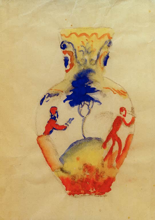 Kunstdruck des Gemäldes „Vase mit zwei Figuren“ von August Macke. Hochwertig in Deutschland von Hand gefertigt, erhältlich als Leinwand oder Poster und optional gerahmt.