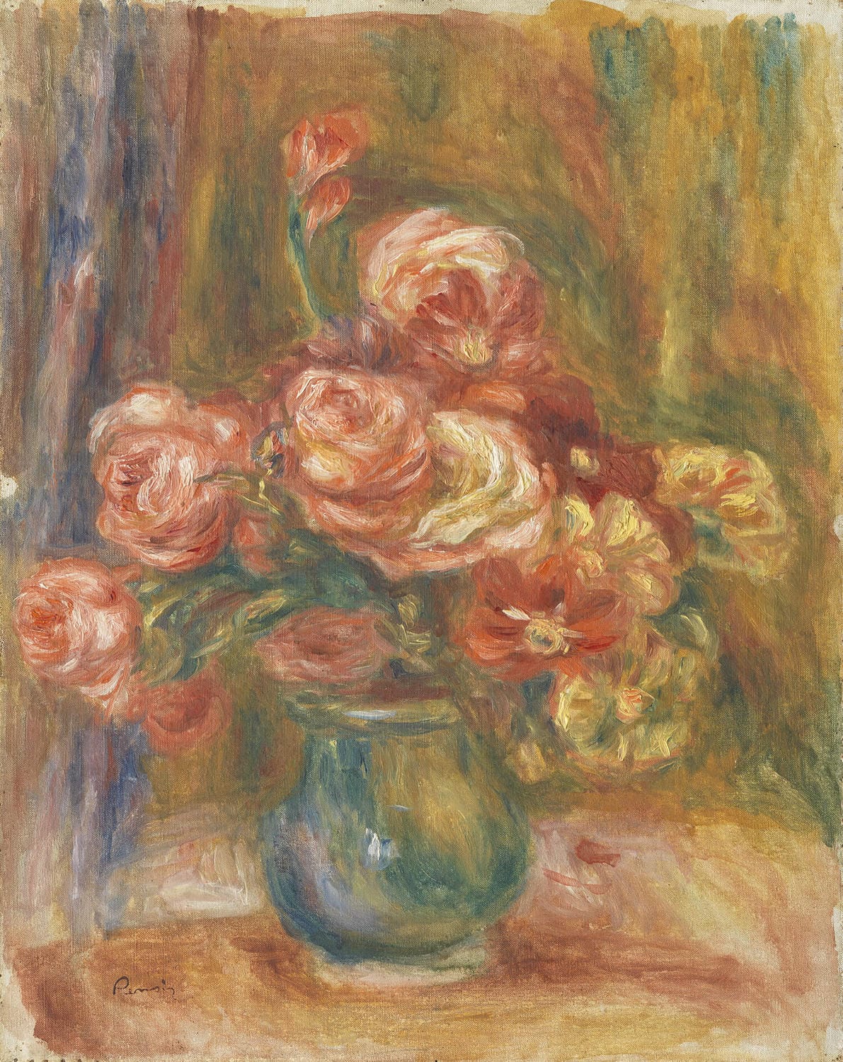 Vase mit Rosen von Pierre-Auguste Renoir, impressionistisches Stillleben mit harmonischer Darstellung von natürlicher Schönheit und Eleganz.