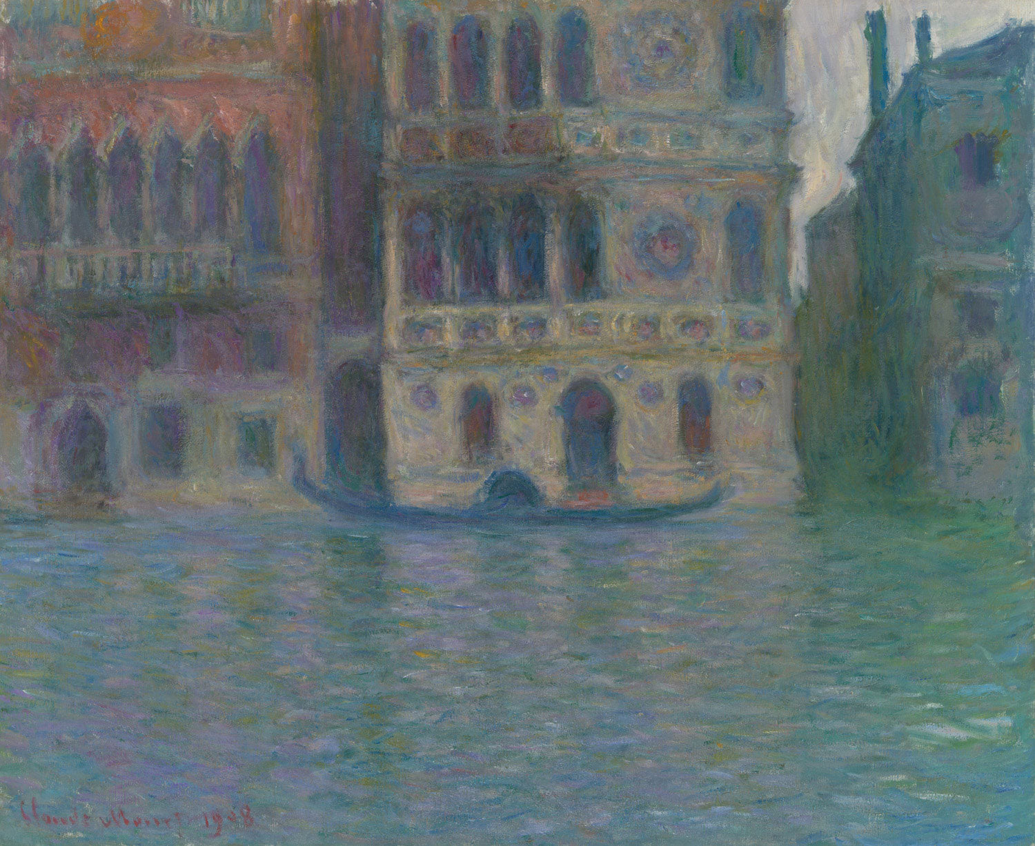 Impressionistisches Gemälde von Claude Monet, das den Palazzo Dario in Venedig zeigt. Der Palast spiegelt sich im ruhigen Wasser des Canal Grande wider, während weiche, pastellfarbene Töne und sanfte Pinselstriche eine verträumte, romantische Atmosphäre schaffen.