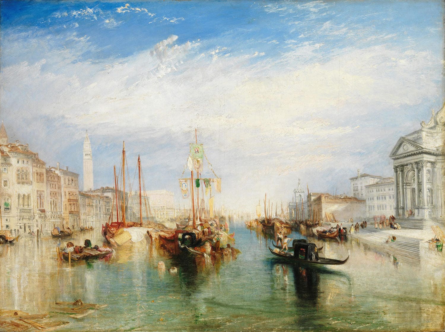 Ansicht von Venedig von der Vorhalle der Madonna della Salute aus, romantisches Gemälde von William Turner, 1835, mit leuchtenden Farben und stimmungsvoller Atmosphäre.