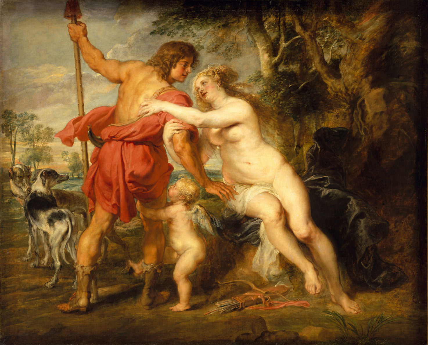 Barockes Gemälde von Peter Paul Rubens, das Venus und Adonis in einer leidenschaftlichen Umarmung zeigt, wobei Venus verzweifelt versucht, ihren Geliebten von der Jagd abzuhalten.