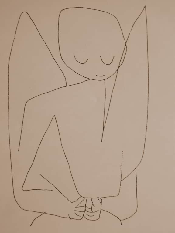 Kunstdruck „Vergesslicher Engel“ von Paul Klee mit einer abstrahierten Engelsfigur in charakteristischer Farbgestaltung