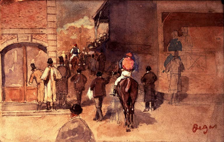 Kunstdruck des Gemäldes Verlassen des Paddocks (La sortie du pesage) von Edgar Degas mit Pferden, Jockeys und einer Szene auf einer Pferderennbahn.
