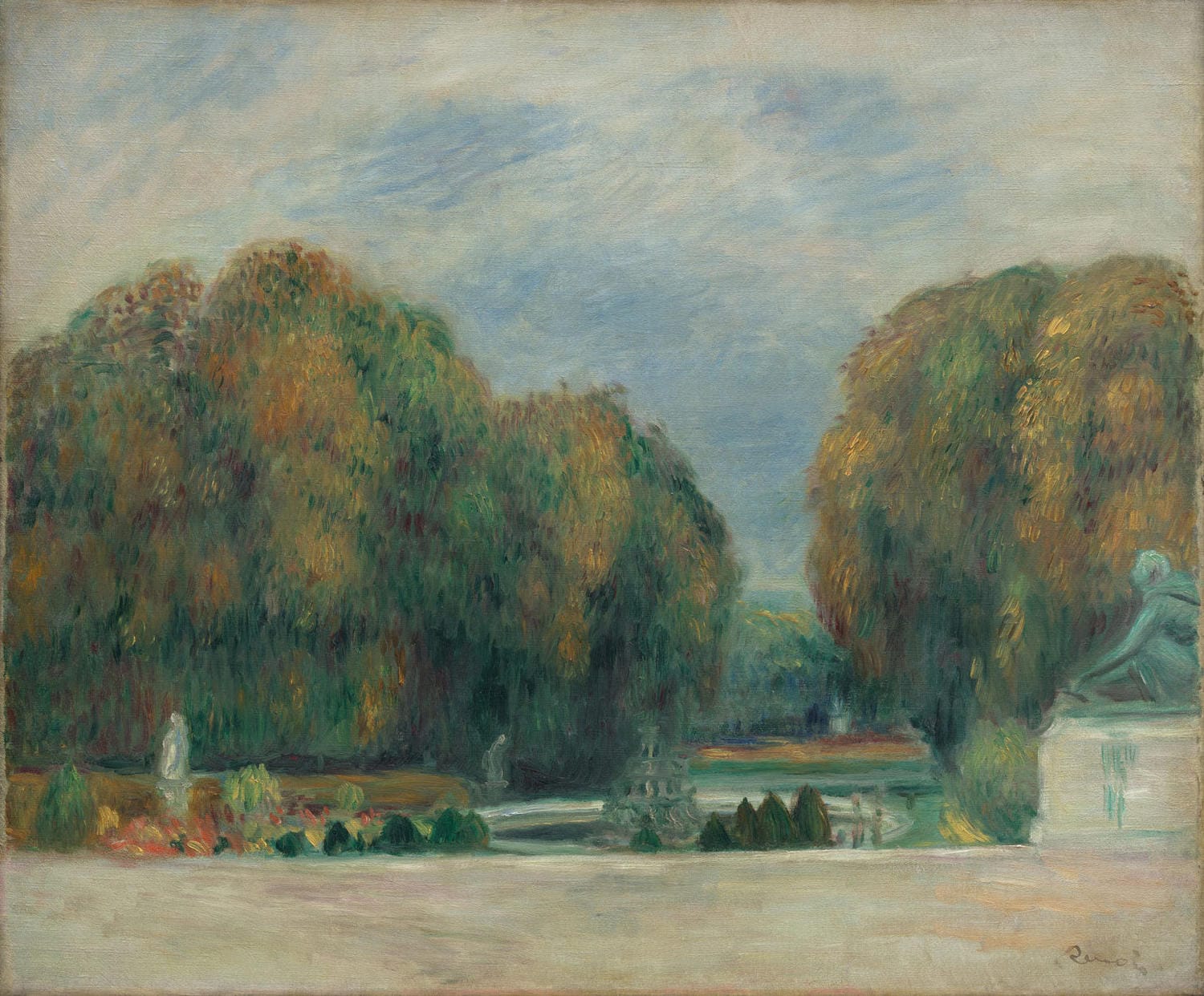 Impressionistisches Gemälde von Pierre-Auguste Renoir, das die prachtvollen Gärten von Versailles zeigt. Sanfte Pinselstriche und leuchtende Farben fangen die elegante Atmosphäre und das Spiel von Licht und Schatten ein.