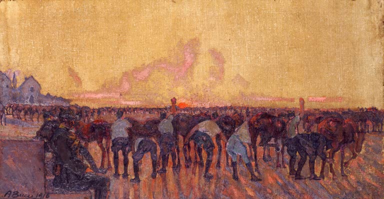 Kunstdruck „Versorgung der Pferde“ von Anselmo Bucci mit Pferden und Figuren