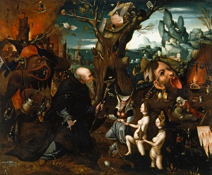 Kunstdruck „Versuchung Antonius“ von Hieronymus Bosch mit fantastischen Dämonen, Heiligem und religiöser Symbolik