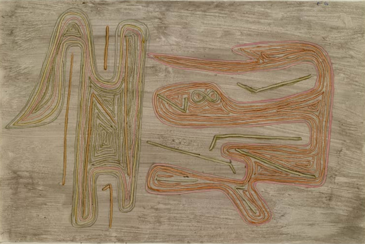Kunstdruck von „Versuchung“ von Paul Klee mit symbolischer Darstellung und abstrakten Formen in ausdrucksstarker Farbgestaltung.