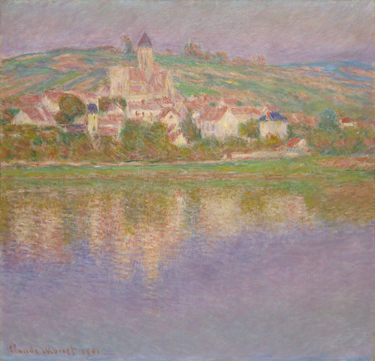 Impressionistisches Gemälde des französischen Künstlers Claude Monet, das das Dorf Vétheuil zeigt. Eine malerische Landschaft mit weichen Pastellfarben, reflektierendem Wasser der Seine und sanften Hügeln im Hintergrund.
