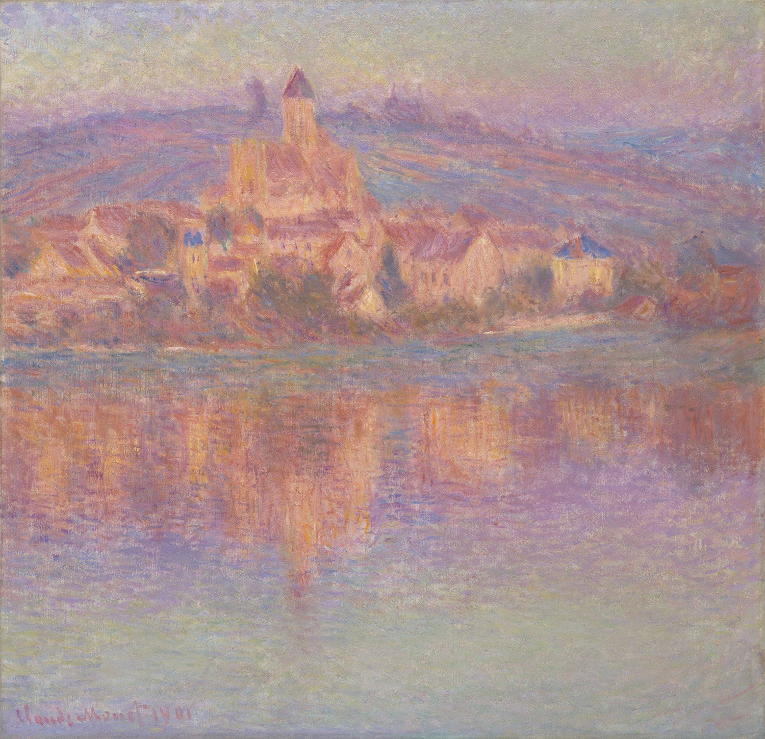 Gemälde von Claude Monet, Vétheuil (1901), zeigt eine idyllische französische Dorfszene am Ufer der Seine mit sanften Reflexionen im Wasser und leuchtenden impressionistischen Farben.