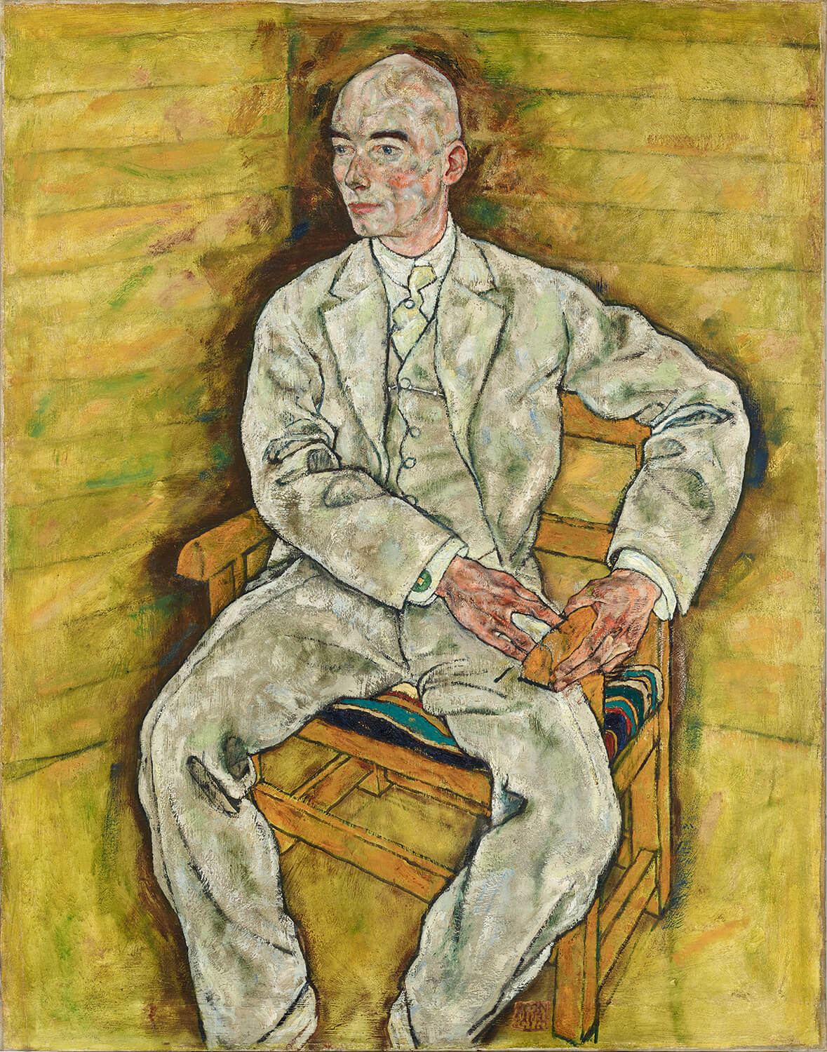Porträt von Victor Ritter von Bauer von Egon Schiele, dargestellt mit kräftigen Linien und intensiver Farbgebung. Der tiefgründige Blick und die markanten Gesichtszüge betonen die Persönlichkeit des Porträtierten und zeigen Schieles unverwechselbaren Stil.
