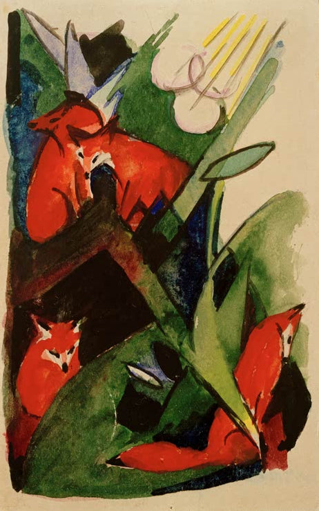 Kunstdruck des Gemäldes „Vier Füchse“ von Franz Marc. Hochwertig in Deutschland von Hand gefertigt, erhältlich als Poster oder Leinwand und optional gerahmt.