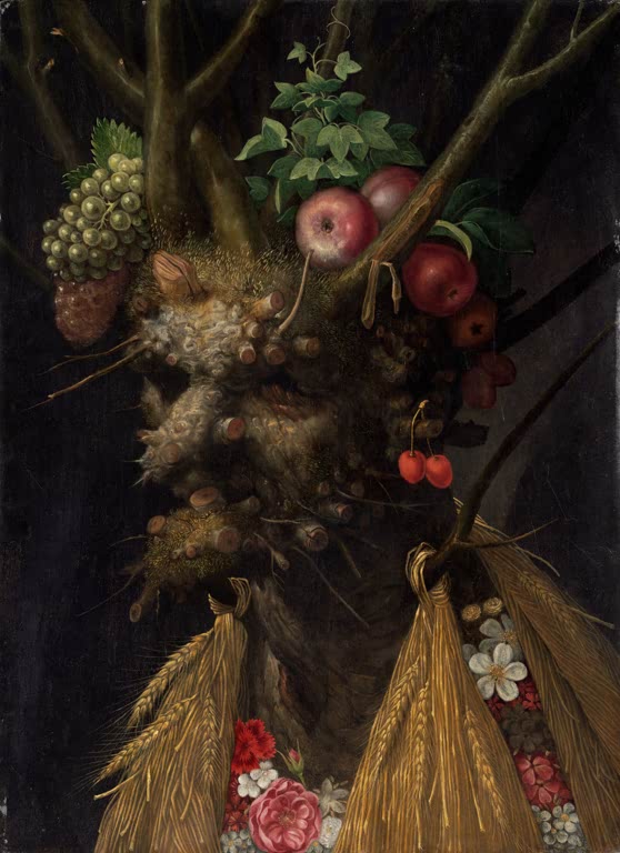 Kunstdruck „Vier Jahreszeiten in einem Kopf“ von Giuseppe Arcimboldo mit einem fantasievollen Porträt aus Pflanzen, Früchten und Zweigen