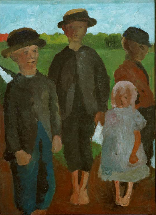 Kunstdruck von Vier Kinder am Moorkanal von Paula Modersohn-Becker – eindrucksvolle Szene mit Kindern in der Moorlandschaft als hochwertiger Kunstdruck.
