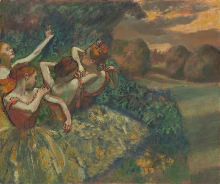 Kunstdruck des Gemäldes „Vier Tänzerinnen“ von Edgar Degas, detailgetreu umgesetzt und hochwertig in Deutschland produziert.