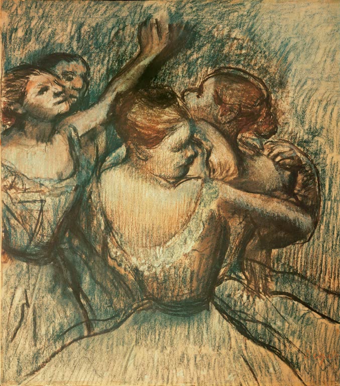 Kunstdruck des Gemäldes „Vier Tänzerinnen in Halbfigur“ von Edgar Degas mit vier Balletttänzerinnen in einer detailreichen Darstellung. Hochwertig in Deutschland per Hand gefertigt, erhältlich als Poster oder Leinwand.