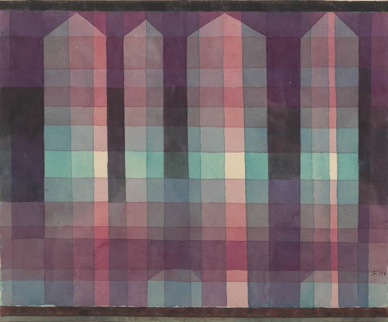 Kunstdruck „Vier Türme“ von Paul Klee mit abstrakter Architektur und vier stilisierten Türmen in geometrischer Komposition
