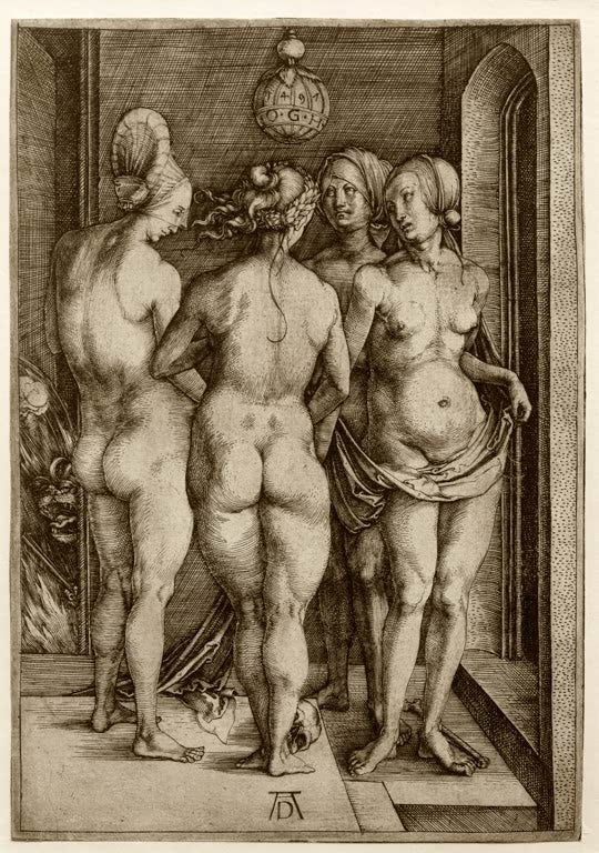 Kunstdruck von „Vier nackte Frauen (Die vier Hexen)“ von Albrecht Dürer. Bedeutender Renaissance-Kupferstich mit vier weiblichen Figuren, in Deutschland handgefertigt.