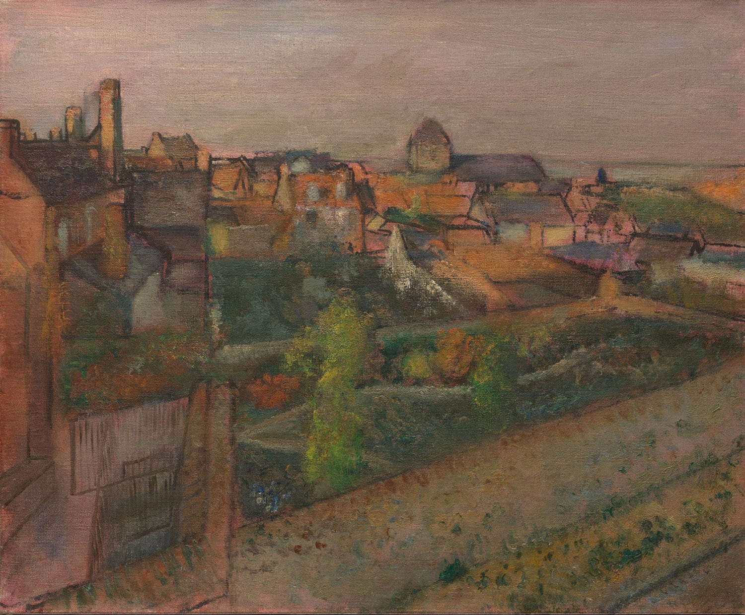 „Ansicht von Saint-Valéry-sur-Somme“ von Edgar Degas zeigt eine ruhige französische Küstenlandschaft mit sanften Hügeln, einem weiten Himmel und einem idyllischen Dorf am Wasser. Die sanften Farbtöne und weichen Pinselstriche vermitteln eine friedvolle Atmosphäre.