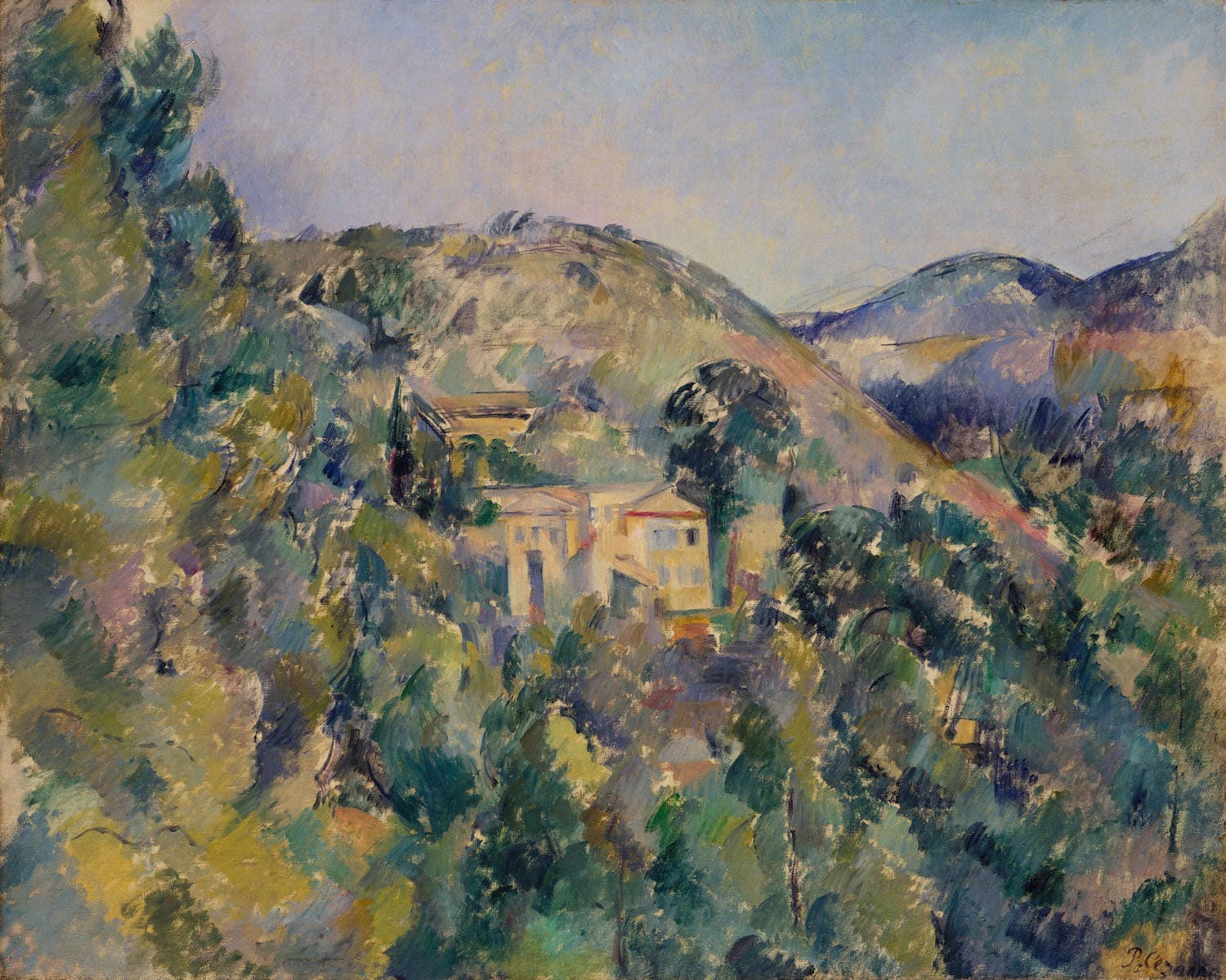„Ansicht des Domaine Saint-Joseph“ von Paul Cézanne zeigt eine idyllische Landschaft der Provence mit sanften Hügeln und einem verträumten Anwesen. Die malerische Szene wird durch Cézannes charakteristische Technik von Licht und Schatten lebendig und fängt die Ruhe und Schönheit der Natur perfekt ein.