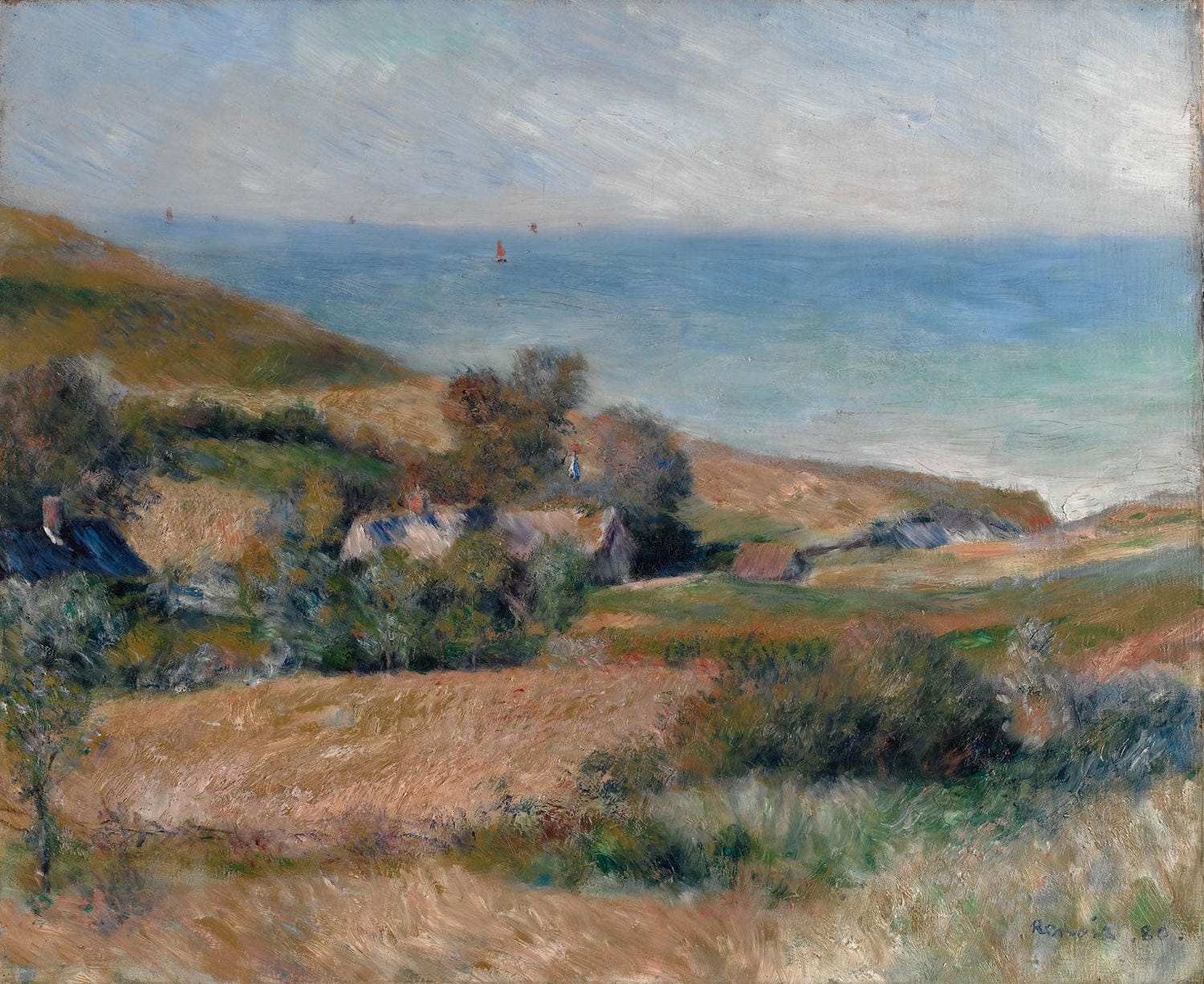 Impressionistisches Gemälde von Pierre-Auguste Renoir, das die Küste bei Wargemont in der Normandie zeigt. Weiche Pinselstriche und leuchtende Farben fangen die weite Meereslandschaft und die natürliche Schönheit der Region ein.