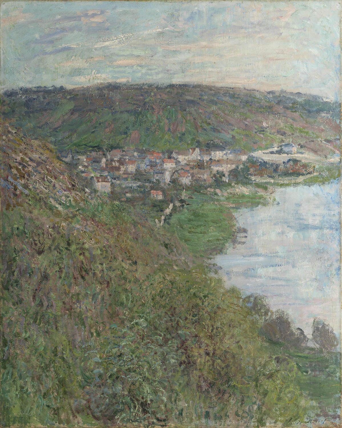 Ansicht von Vétheuil von Claude Monet, impressionistisches Gemälde mit atmosphärischer Darstellung von Licht, Natur und harmonischer Landschaft.