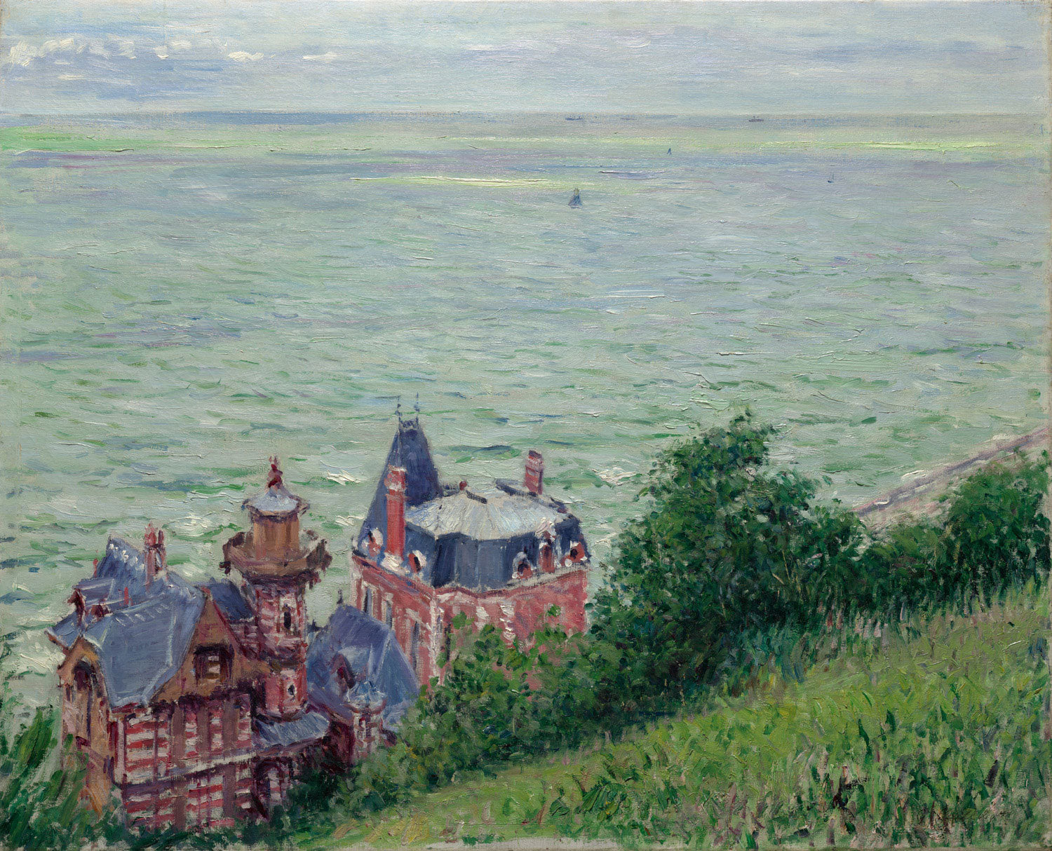 Villas in Trouville von Gustave Caillebotte, ein impressionistisches Gemälde, das elegante Villen an der Küste von Trouville in der Normandie zeigt.
