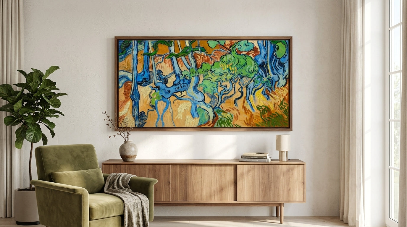 Kunstdruck von van Goghs letztem Bild Baumwurzeln in grün gelb und blau